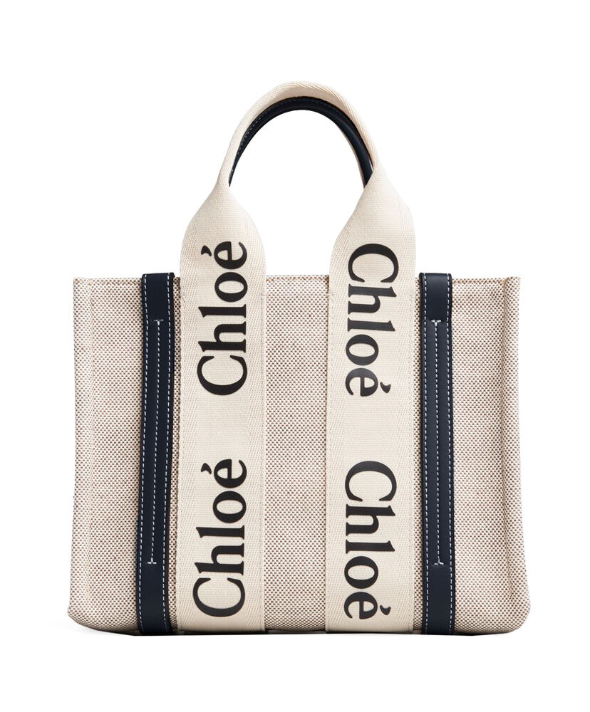 Chloe Small Woody Tote Bag With Strap Canvas with Leather Black